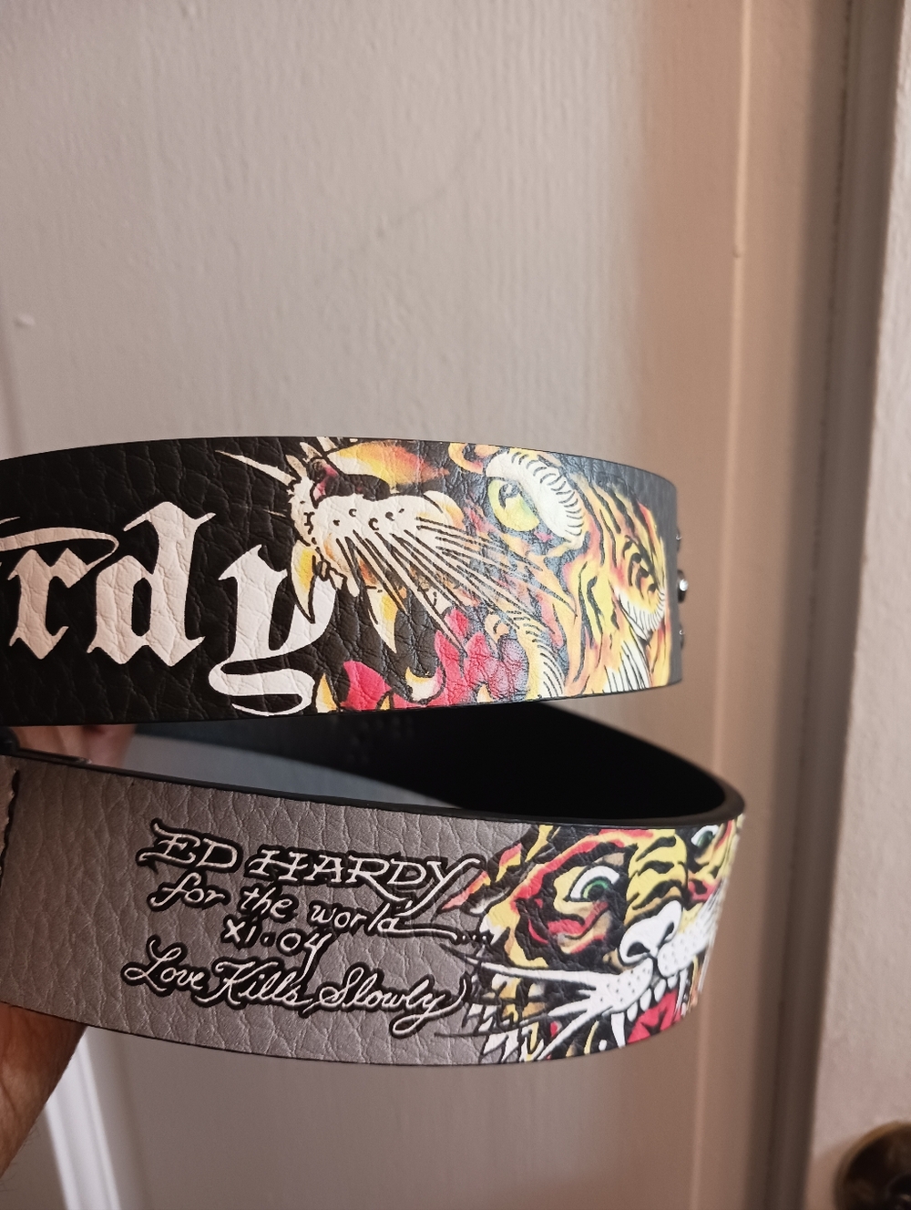 Ed Hardy Mens Grey Black Ombre Tiger Tattoo Belt * Love Kills Slowly * Sz 34 New